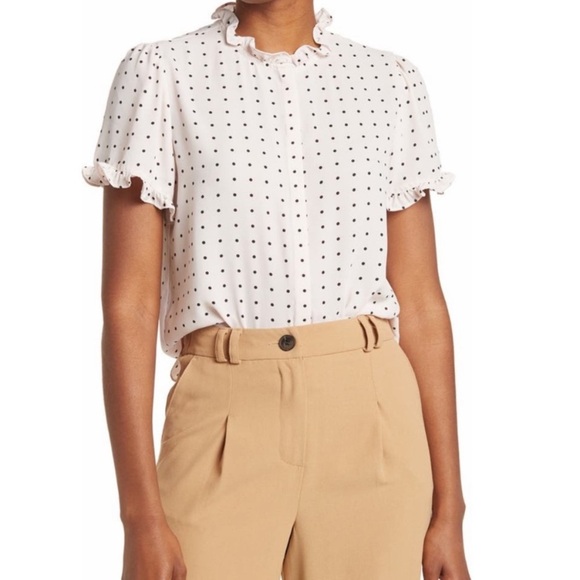 T Tahari Light Blush Spaced Dot Short Sleeve Blouse Size S NWT Ruffle Polka Dot - Picture 3 of 16